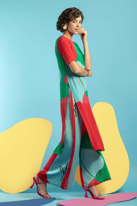 Nautanky Blue Natural Crepe Abstract Shape Print High Party Colourblock Tunic And Pant Set Online at Aza Fashions Nautanky_Blue Natural Crepe Abstract Shape Print High Party Colourblock Tunic And Pant Set _Online_at_Aza_Fashions