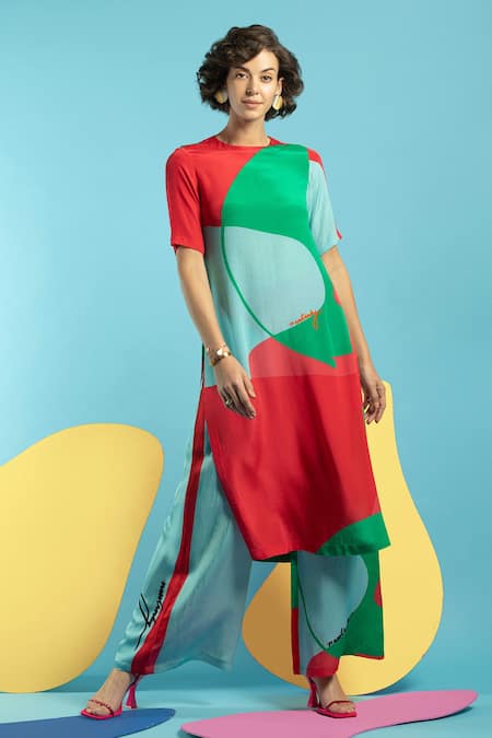Buy Nautanky Blue Natural Crepe Abstract Shape Print High Party Colourblock Tunic And Pant Set Online at Aza Fashions Buy_Nautanky_Blue Natural Crepe Abstract Shape Print High Party Colourblock Tunic And Pant Set _Online_at_Aza_Fashions