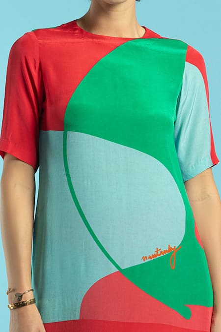 Nautanky Blue Natural Crepe Abstract Shape Print High Party Colourblock Tunic And Pant Set at Aza Fashions Nautanky_Blue Natural Crepe Abstract Shape Print High Party Colourblock Tunic And Pant Set _at_Aza_Fashions