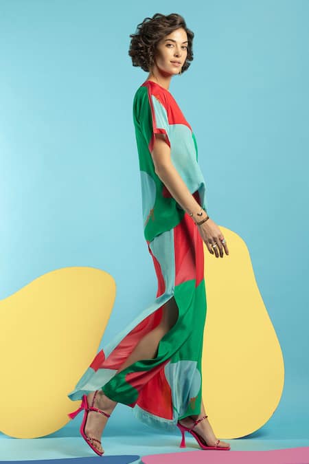 Nautanky Green Natural Crepe Abstract Shape Print One Easy Does It Colourblock Pant Set Online at Aza Fashions Nautanky_Green Natural Crepe Abstract Shape Print One Easy Does It Colourblock Pant Set _Online_at_Aza_Fashions