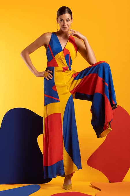 Nautanky_Red Natural Crepe Abstract Shape Print V Neck Eyes On You Colourblock Jumpsuit _Online_at_Aza_Fashions