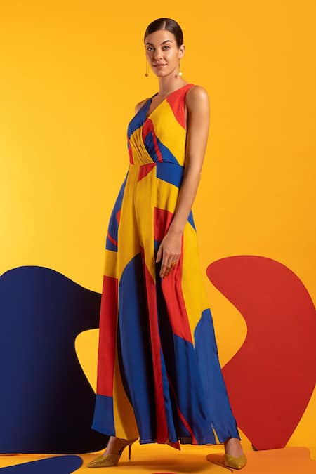 Buy_Nautanky_Red Natural Crepe Abstract Shape Print V Neck Eyes On You Colourblock Jumpsuit _Online_at_Aza_Fashions