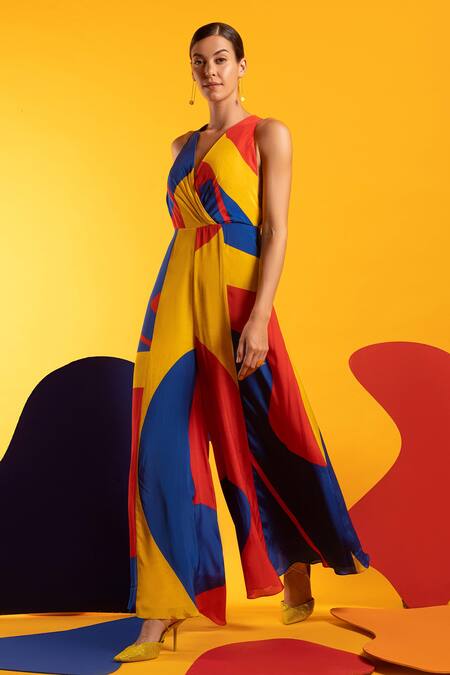 Shop_Nautanky_Red Natural Crepe Abstract Shape Print V Neck Eyes On You Colourblock Jumpsuit _Online_at_Aza_Fashions