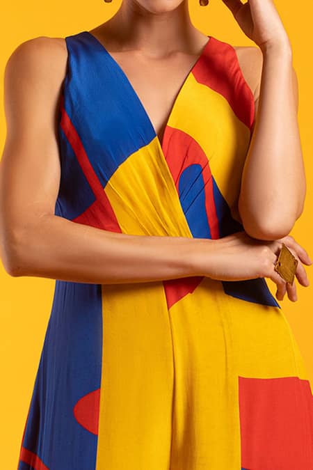 Nautanky_Red Natural Crepe Abstract Shape Print V Neck Eyes On You Colourblock Jumpsuit _at_Aza_Fashions