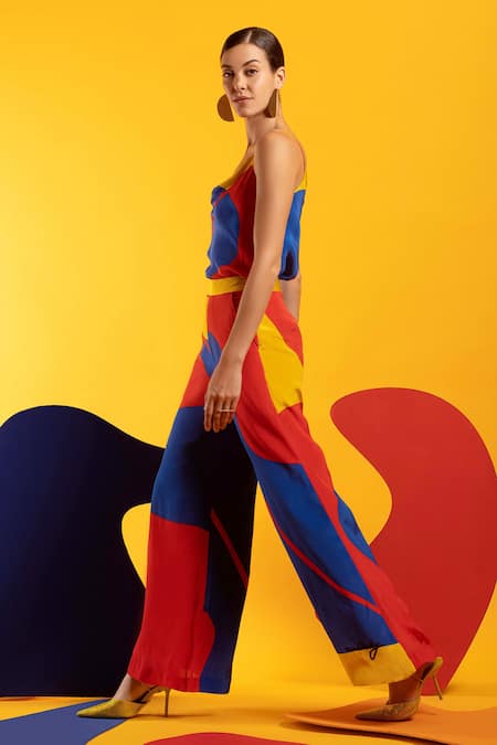 Nautanky_Red Natural Crepe Abstract Shape Print Cowl Candy Crush Colourblock Pant Set _Online_at_Aza_Fashions
