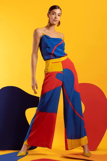 Buy_Nautanky_Red Natural Crepe Abstract Shape Print Cowl Candy Crush Colourblock Pant Set _Online_at_Aza_Fashions