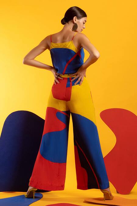 Shop_Nautanky_Red Natural Crepe Abstract Shape Print Cowl Candy Crush Colourblock Pant Set _Online_at_Aza_Fashions