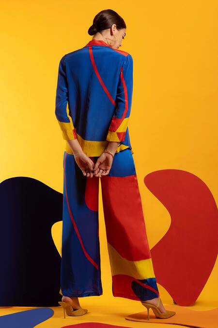 Shop Nautanky Red Natural Crepe Abstract Shape Print Straight Big Mood Colourblock Pant Set at Aza Fashions Shop_Nautanky_Red Natural Crepe Abstract Shape Print Straight Big Mood Colourblock Pant Set _at_Aza_Fashions
