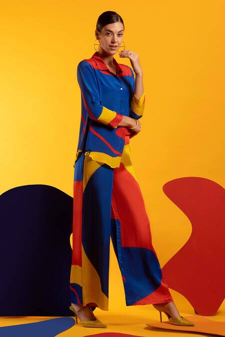 Shop Nautanky Red Natural Crepe Abstract Shape Print Straight Big Mood Colourblock Pant Set Online at Aza Fashions Shop_Nautanky_Red Natural Crepe Abstract Shape Print Straight Big Mood Colourblock Pant Set _Online_at_Aza_Fashions