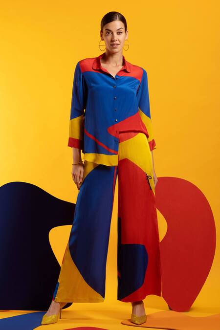 Nautanky Red Natural Crepe Abstract Shape Print Straight Big Mood Colourblock Pant Set at Aza Fashions Nautanky_Red Natural Crepe Abstract Shape Print Straight Big Mood Colourblock Pant Set _at_Aza_Fashions