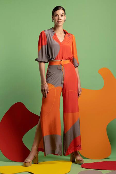 Shop_Nautanky_Grey Natural Crepe Abstract Shape Print V Neck On The Bright Side Pant Set _at_Aza_Fashions