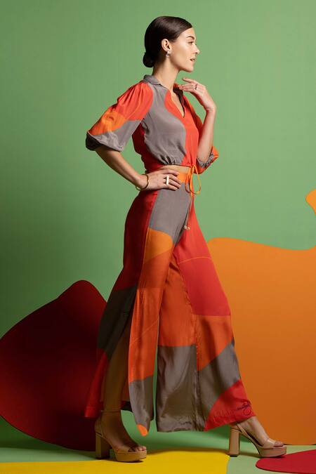 Nautanky_Grey Natural Crepe Abstract Shape Print V Neck On The Bright Side Pant Set _Online_at_Aza_Fashions