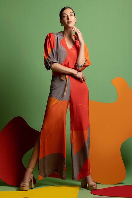 Shop_Nautanky_Grey Natural Crepe Abstract Shape Print V Neck On The Bright Side Pant Set _Online_at_Aza_Fashions