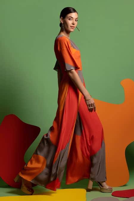 Nautanky Red Natural Crepe Abstract Shape Print Round Dressing Up Colourblock Jumpsuit Online at Aza Fashions Nautanky_Red Natural Crepe Abstract Shape Print Round Dressing Up Colourblock Jumpsuit _Online_at_Aza_Fashions