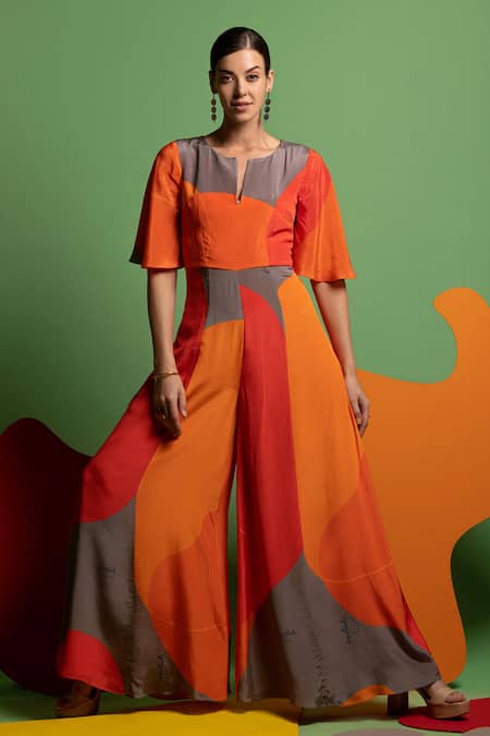 Shop Nautanky Red Natural Crepe Abstract Shape Print Round Dressing Up Colourblock Jumpsuit Online at Aza Fashions Shop_Nautanky_Red Natural Crepe Abstract Shape Print Round Dressing Up Colourblock Jumpsuit _Online_at_Aza_Fashions