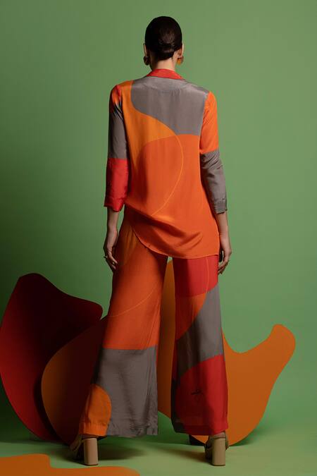 Shop Nautanky Red Natural Crepe Abstract Shape Print Straight One For All Colourblock Pant Set at Aza Fashions Shop_Nautanky_Red Natural Crepe Abstract Shape Print Straight One For All Colourblock Pant Set _at_Aza_Fashions