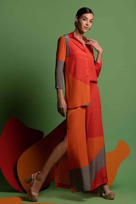 Nautanky Red Natural Crepe Abstract Shape Print Straight One For All Colourblock Pant Set Online at Aza Fashions Nautanky_Red Natural Crepe Abstract Shape Print Straight One For All Colourblock Pant Set _Online_at_Aza_Fashions