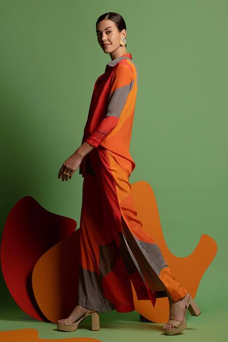 Buy Nautanky Red Natural Crepe Abstract Shape Print Straight One For All Colourblock Pant Set Online at Aza Fashions Buy_Nautanky_Red Natural Crepe Abstract Shape Print Straight One For All Colourblock Pant Set _Online_at_Aza_Fashions