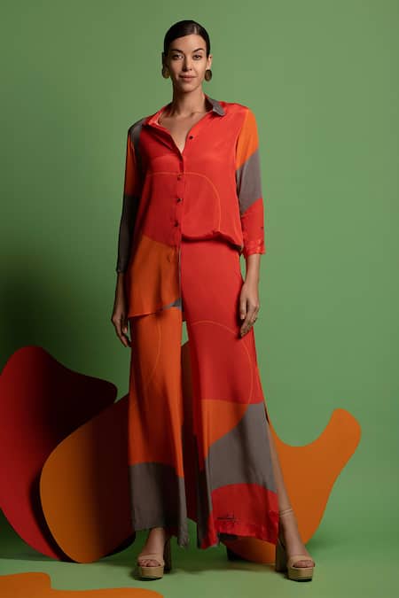 Shop Nautanky Red Natural Crepe Abstract Shape Print Straight One For All Colourblock Pant Set Online at Aza Fashions Shop_Nautanky_Red Natural Crepe Abstract Shape Print Straight One For All Colourblock Pant Set _Online_at_Aza_Fashions