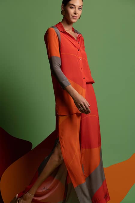 Nautanky Red Natural Crepe Abstract Shape Print Straight One For All Colourblock Pant Set at Aza Fashions Nautanky_Red Natural Crepe Abstract Shape Print Straight One For All Colourblock Pant Set _at_Aza_Fashions