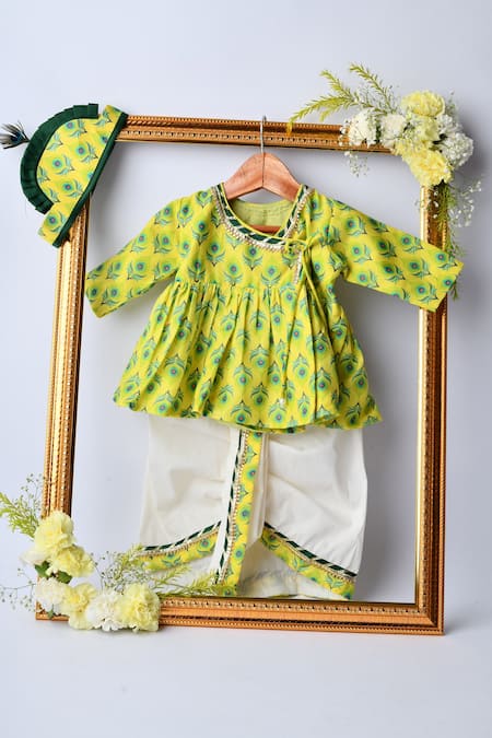 Shop Lil Angels Green , Satin Printed Angrakha And Dhoti Pant Set at Aza Fashions Shop_Lil Angels_Green , Satin Printed Angrakha And Dhoti Pant Set _at_Aza_Fashions