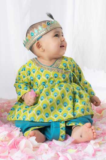 Lil Angels Green , Satin Embroidery Printed Angrakha And Dhoti Pant Set Online at Aza Fashions Lil Angels_Green , Satin Embroidery Printed Angrakha And Dhoti Pant Set _Online_at_Aza_Fashions