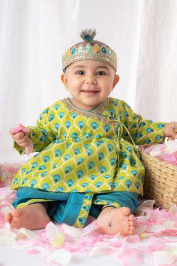 Shop Lil Angels Green , Satin Embroidery Printed Angrakha And Dhoti Pant Set Online at Aza Fashions Shop_Lil Angels_Green , Satin Embroidery Printed Angrakha And Dhoti Pant Set _Online_at_Aza_Fashions