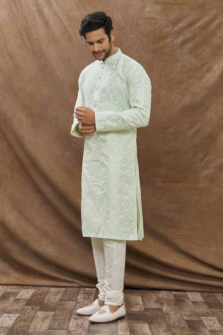 Aham-Vayam Green Cotton Mughal Jaali Pattern Kurta Set Online at Aza Fashions Aham-Vayam_Green Cotton Mughal Jaali Pattern Kurta Set _Online_at_Aza_Fashions