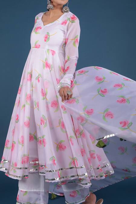 Buy_Pomcha Jaipur_White Organza, Cotton Tassels Collared Rose Print Anarkali Pant Set _Online_at_Aza_Fashions