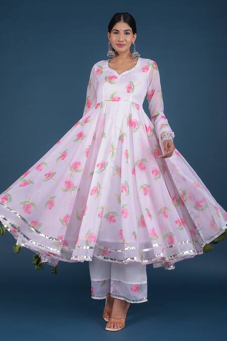 Shop_Pomcha Jaipur_White Organza, Cotton Tassels Collared Rose Print Anarkali Pant Set _Online_at_Aza_Fashions