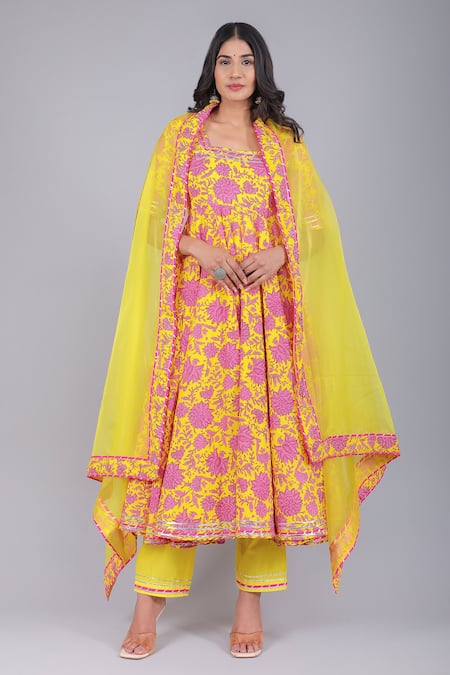 Pomcha Jaipur_Yellow Cotton, Organza Embroidery, Sequins Botanical Print Anarkali Pant Set _Online_at_Aza_Fashions