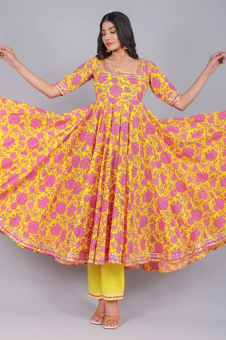 Shop_Pomcha Jaipur_Yellow Cotton, Organza Embroidery, Sequins Botanical Print Anarkali Pant Set _Online_at_Aza_Fashions
