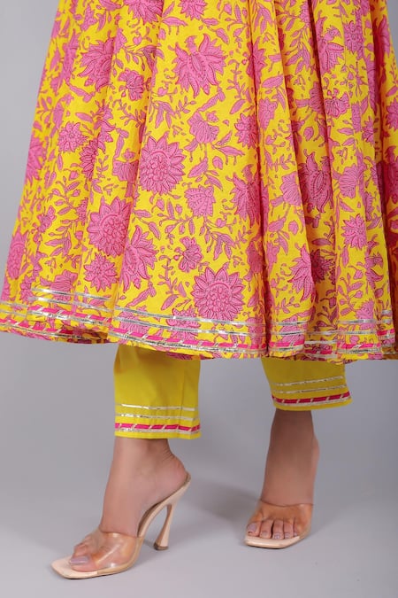 Pomcha Jaipur_Yellow Cotton, Organza Embroidery, Sequins Botanical Print Anarkali Pant Set _at_Aza_Fashions