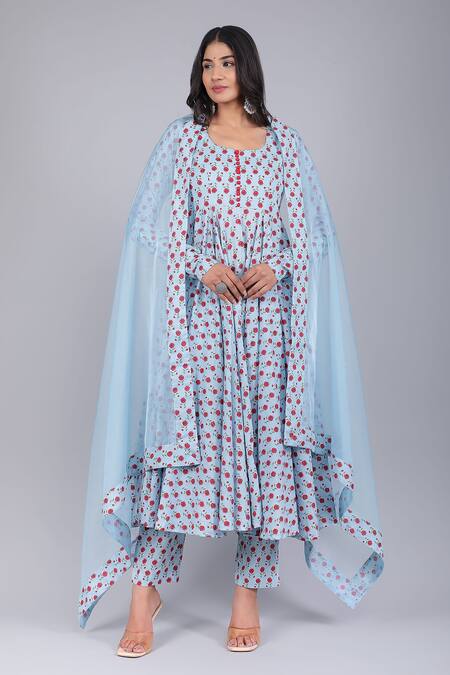 Buy_Pomcha Jaipur_Blue Cotton, Organza Embroidery Scoop Neck Sara Floral Print Anarkali Set _Online_at_Aza_Fashions