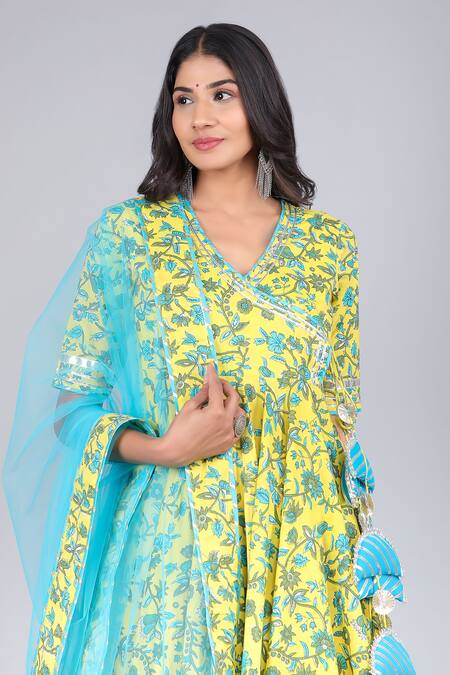 Shop_Pomcha Jaipur_Yellow Cotton, Net V-neck Flora Print Angrakha Pant Set _Online_at_Aza_Fashions
