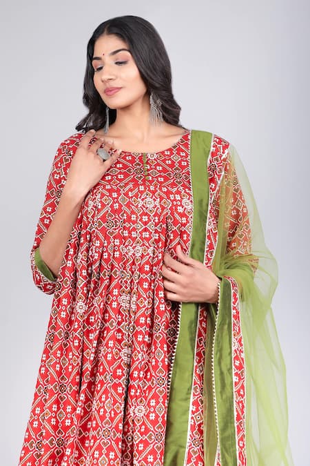 Shop_Pomcha Jaipur_Red Cotton, Net Tassels Round Neck Patola Print Anarkali Palazzo Set _Online_at_Aza_Fashions