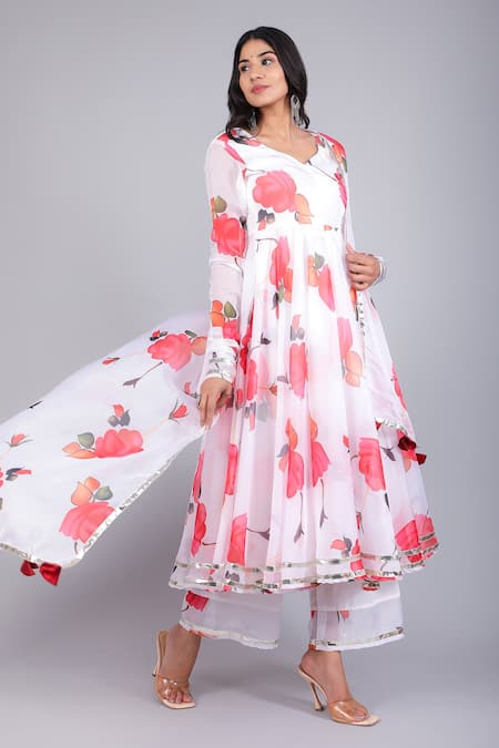 Pomcha Jaipur_White Organza, Cotton Embroidery V-neck Floral Print Anarkali Pant Set _Online_at_Aza_Fashions