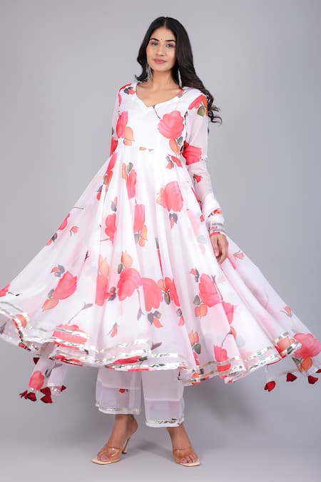Shop_Pomcha Jaipur_White Organza, Cotton Embroidery V-neck Floral Print Anarkali Pant Set _Online_at_Aza_Fashions