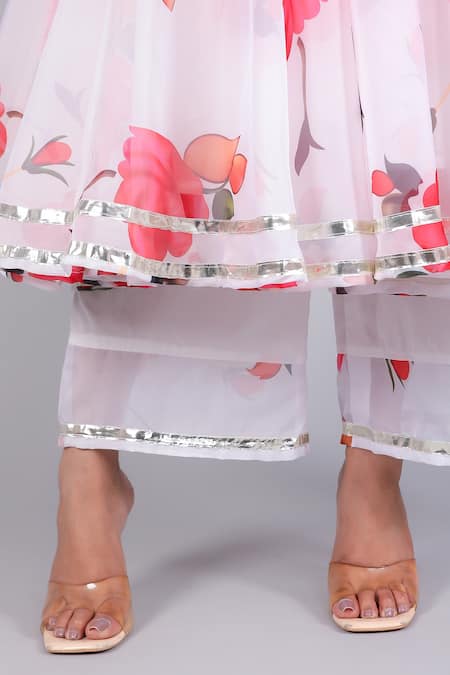 Pomcha Jaipur_White Organza, Cotton Embroidery V-neck Floral Print Anarkali Pant Set _at_Aza_Fashions