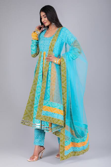 Pomcha Jaipur_Blue Cotton, Net Embroidery, Gota Patti Scoop Neck Vedhika Printed Anarkali Set _Online_at_Aza_Fashions