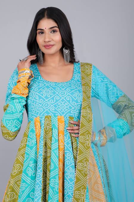 Buy_Pomcha Jaipur_Blue Cotton, Net Embroidery, Gota Patti Scoop Neck Vedhika Printed Anarkali Set _Online_at_Aza_Fashions