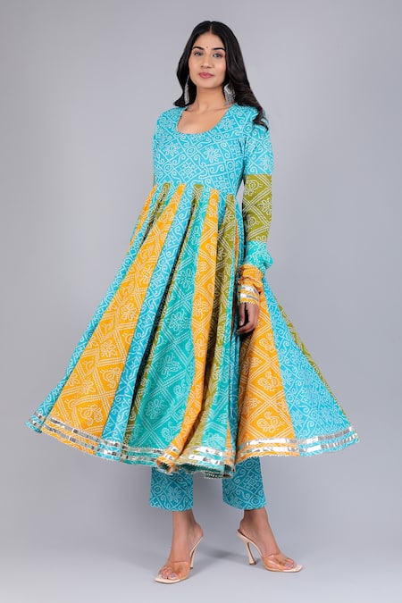 Shop_Pomcha Jaipur_Blue Cotton, Net Embroidery, Gota Patti Scoop Neck Vedhika Printed Anarkali Set _Online_at_Aza_Fashions