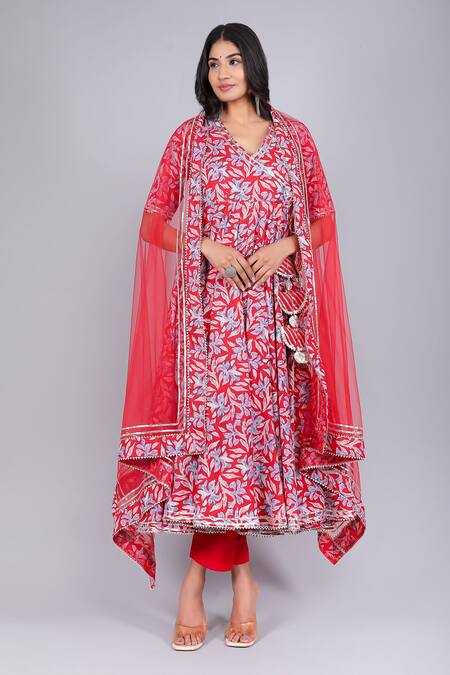 Pomcha Jaipur_Red Cotton, Net Embroidery V-neck Floral Pattern Angrakha Pant Set _Online_at_Aza_Fashions