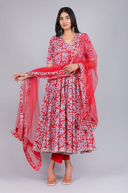 Buy_Pomcha Jaipur_Red Cotton, Net Embroidery V-neck Floral Pattern Angrakha Pant Set _Online_at_Aza_Fashions