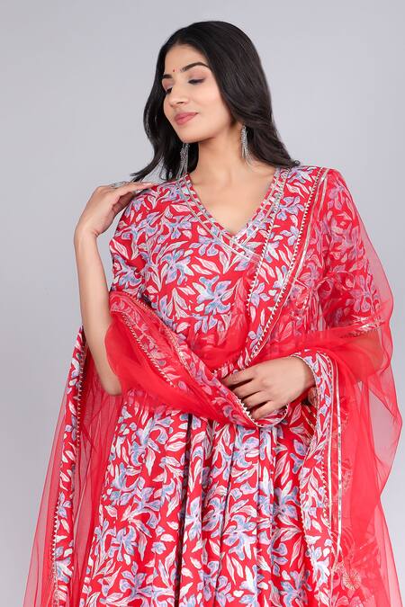 Shop_Pomcha Jaipur_Red Cotton, Net Embroidery V-neck Floral Pattern Angrakha Pant Set _Online_at_Aza_Fashions