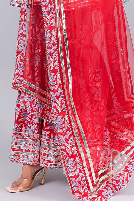Pomcha Jaipur_Red Cotton, Net Zari Floret Print Anarkali Sharara Set _Online_at_Aza_Fashions