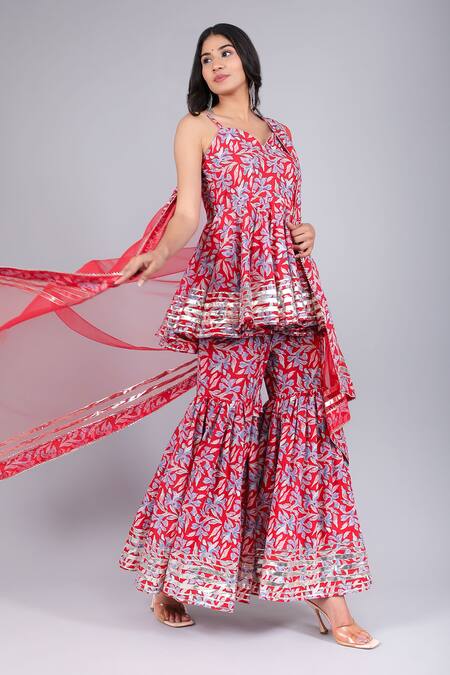 Buy_Pomcha Jaipur_Red Cotton, Net Zari Floret Print Anarkali Sharara Set _Online_at_Aza_Fashions