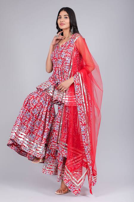 Shop_Pomcha Jaipur_Red Cotton, Net Zari Floret Print Anarkali Sharara Set _Online_at_Aza_Fashions