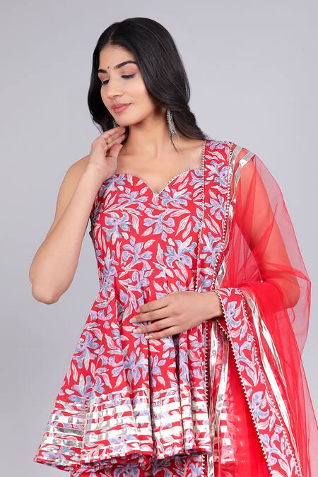 Pomcha Jaipur_Red Cotton, Net Zari Floret Print Anarkali Sharara Set _at_Aza_Fashions