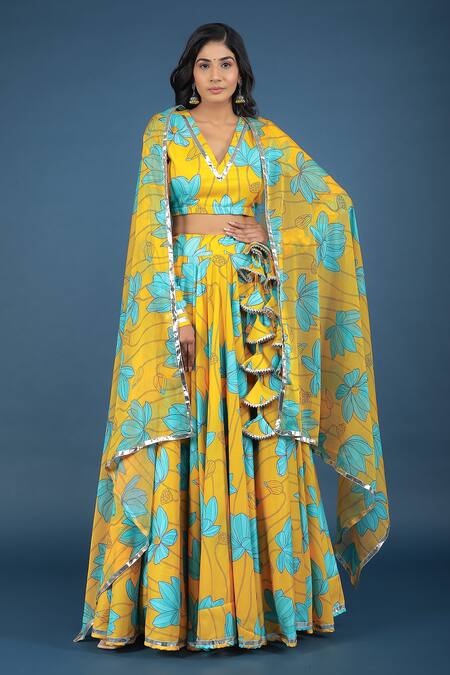 Shop_Pomcha Jaipur_Yellow Muslin, Chiffon Gota Patti V-neck Bush Lily Lehenga Set _Online_at_Aza_Fashions